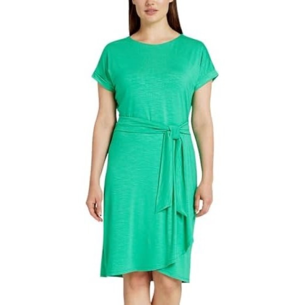Chaps Green Faux Wrap Knit Dress Womens Large Short Sleeve Tie Waist Workwear